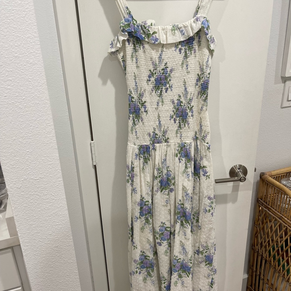 LoveShackFancy White Dress with Blue and Green Floral
